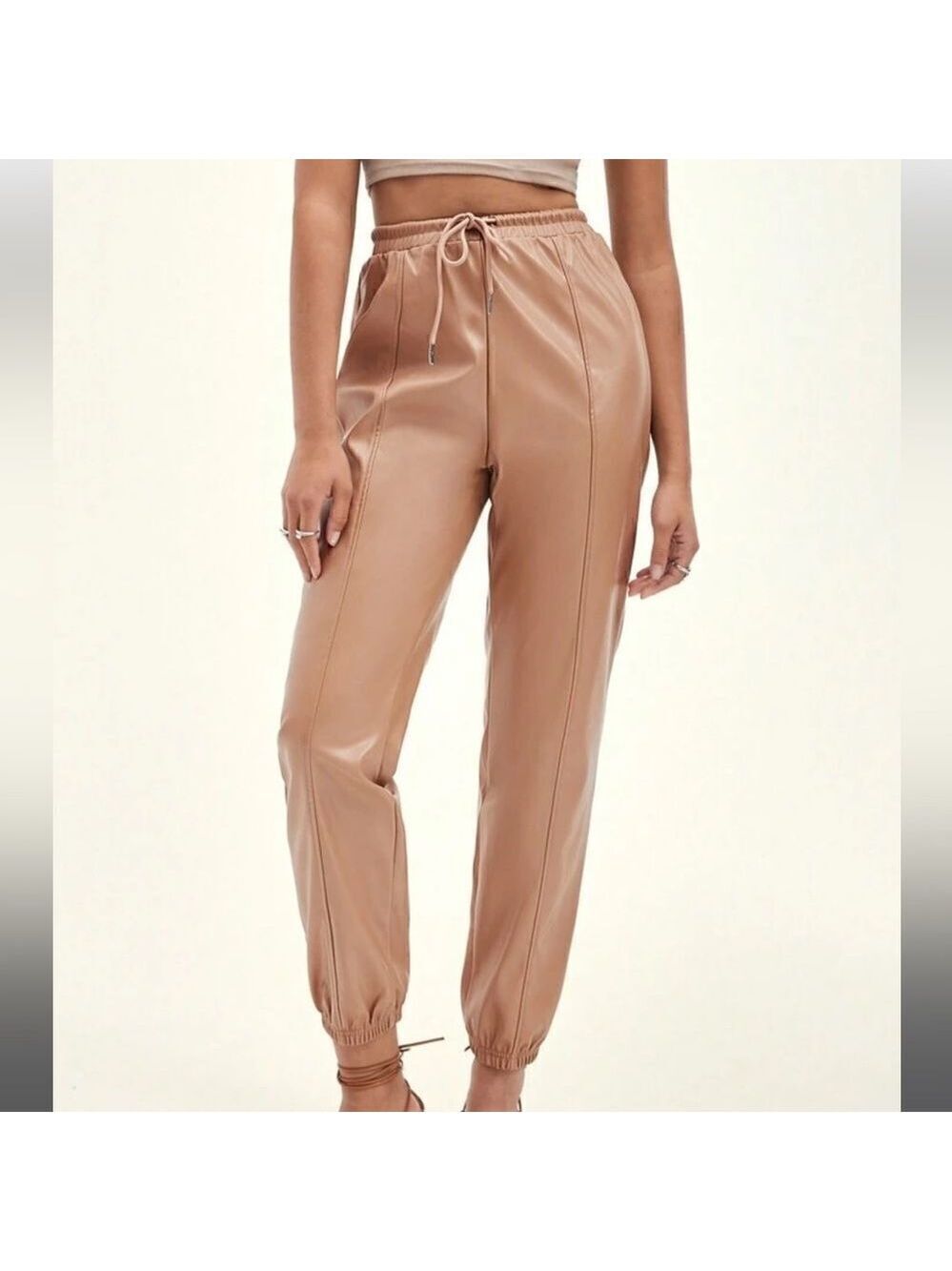 Beige Faux Leather Pants
